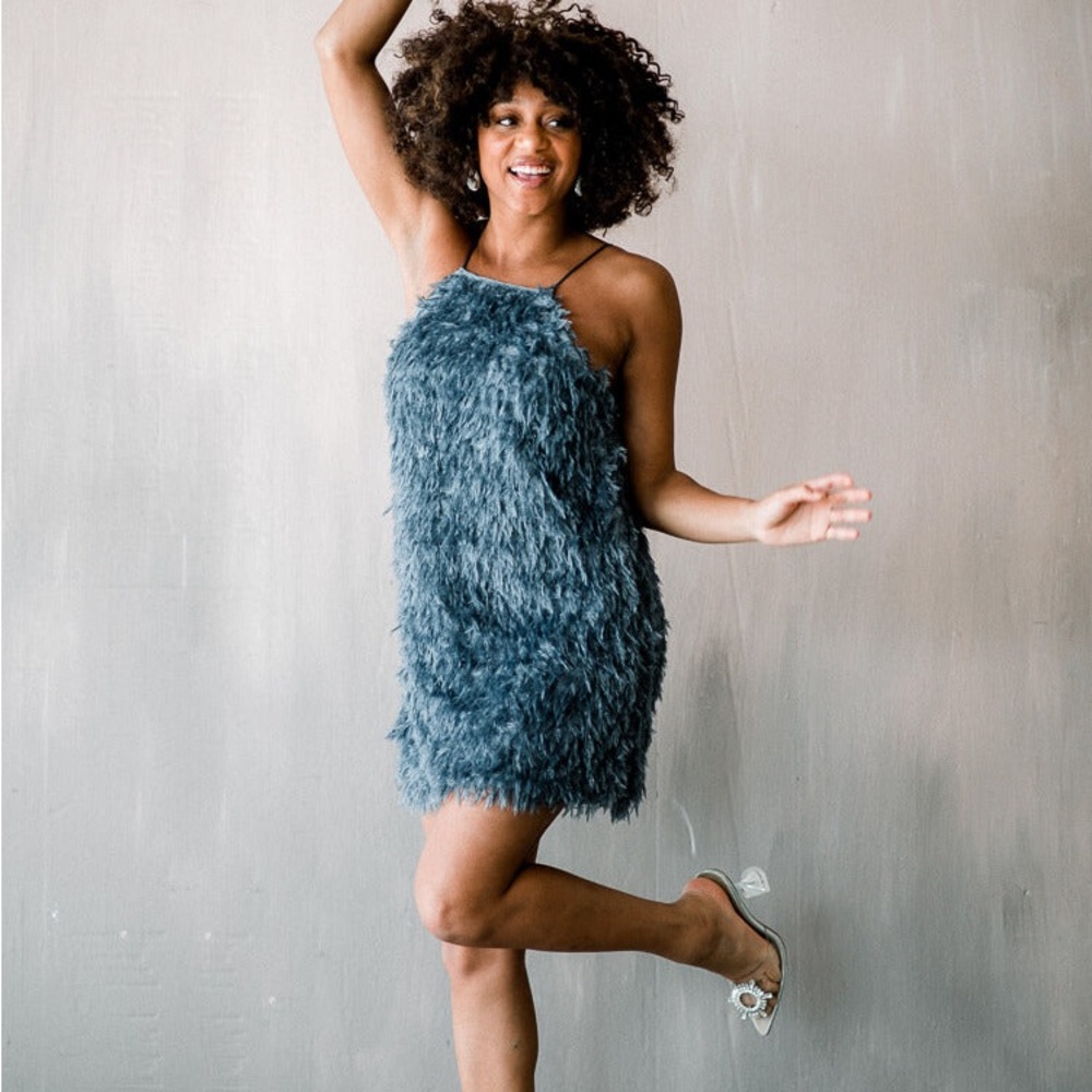 3D Fringe Mini Dress in Blue